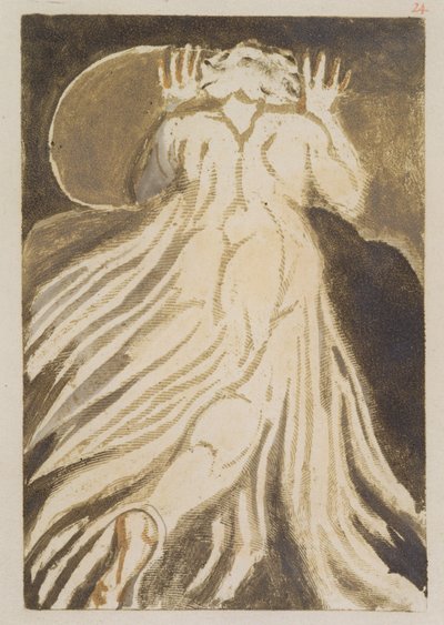 "Um homem de cabelos brancos, com um manto comprido e pálido, que foge de nós com as mãos erguidas", placa 28 de "O Primeiro Livro de Urizen", 1794 (gravura impressa em relevo com tinta e wc no papel) de William Blake